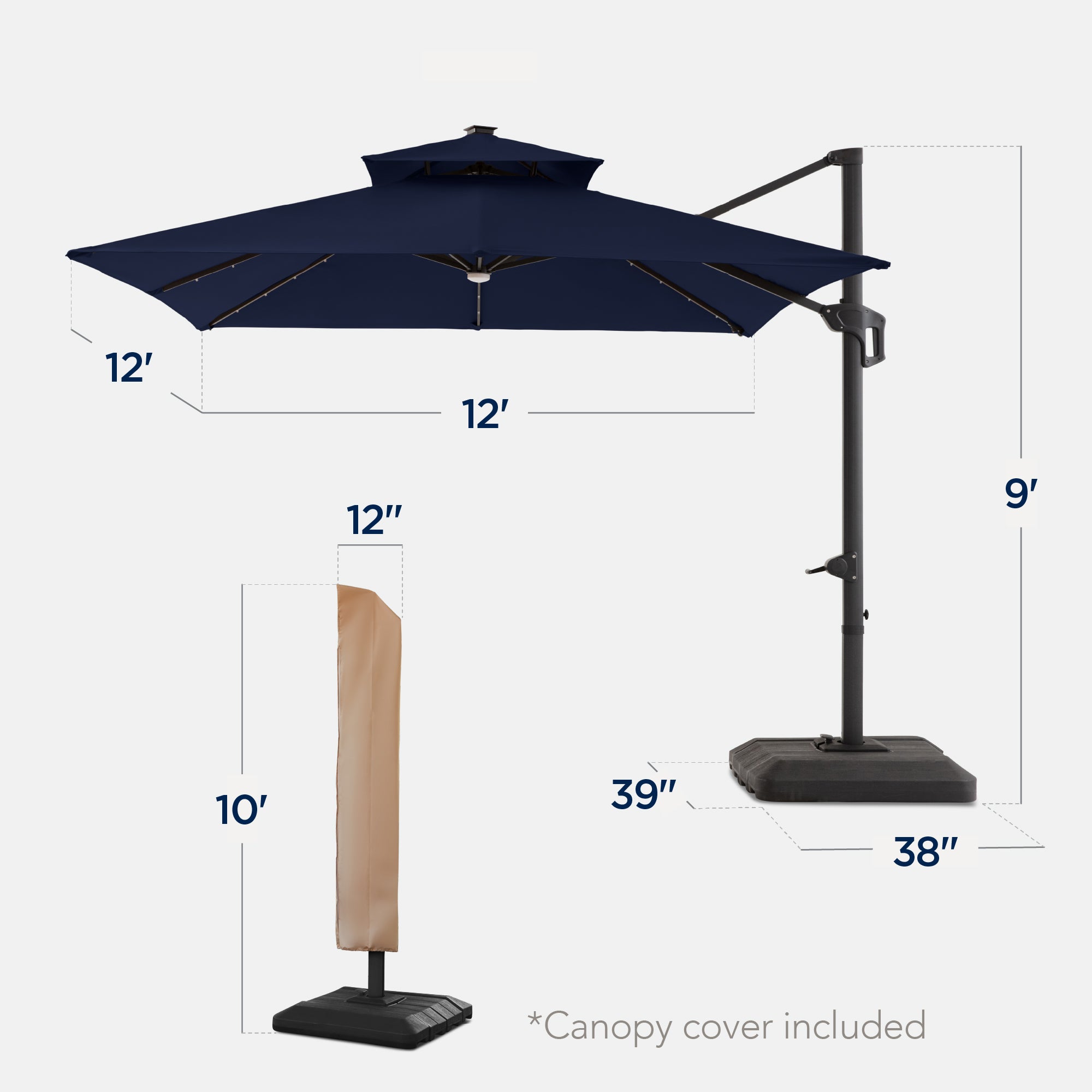 12x12ft 2-Tier Outdoor Solar LED Cantilever Patio Umbrella